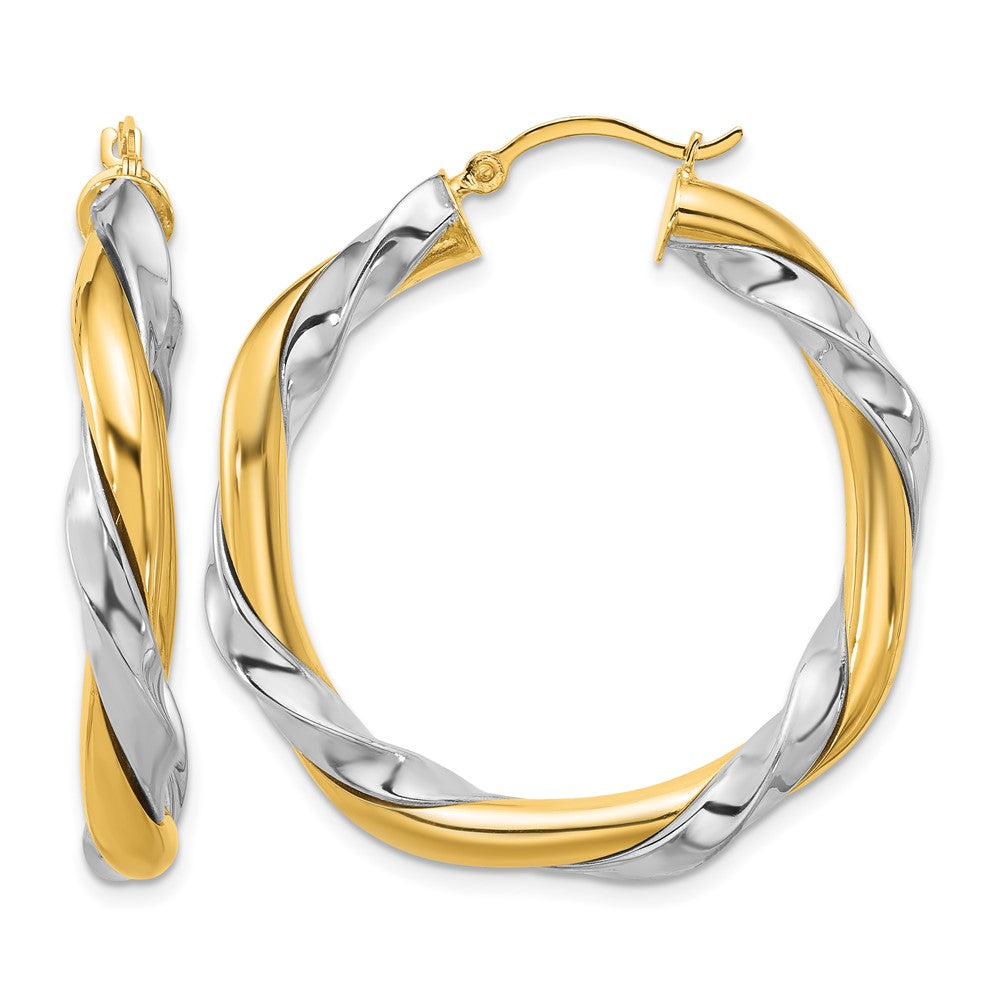 14k w/White Rhodium Twisted Hoop Earrings, 26 x 5.5 mm