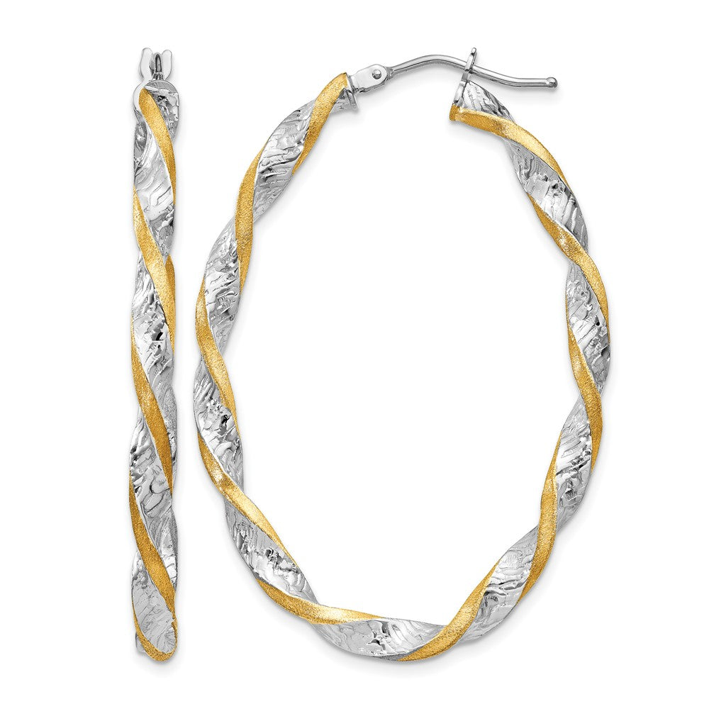 14k White Gold & Yellow Rhodium Twisted D/C Oval Hoop Earrings, 40 x 31 mm