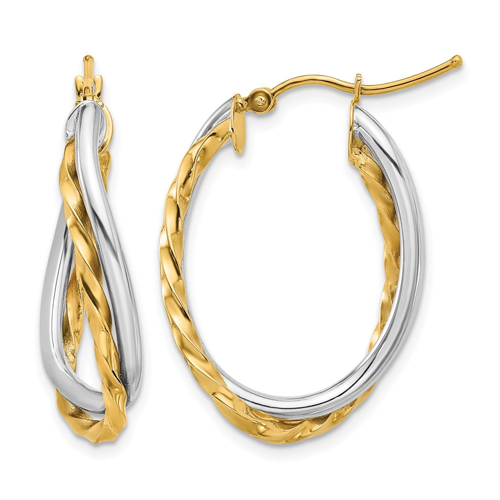 14k Two-Tone Textured and Polished Twist Oval Hoop Earrings, 19 x 7 mm