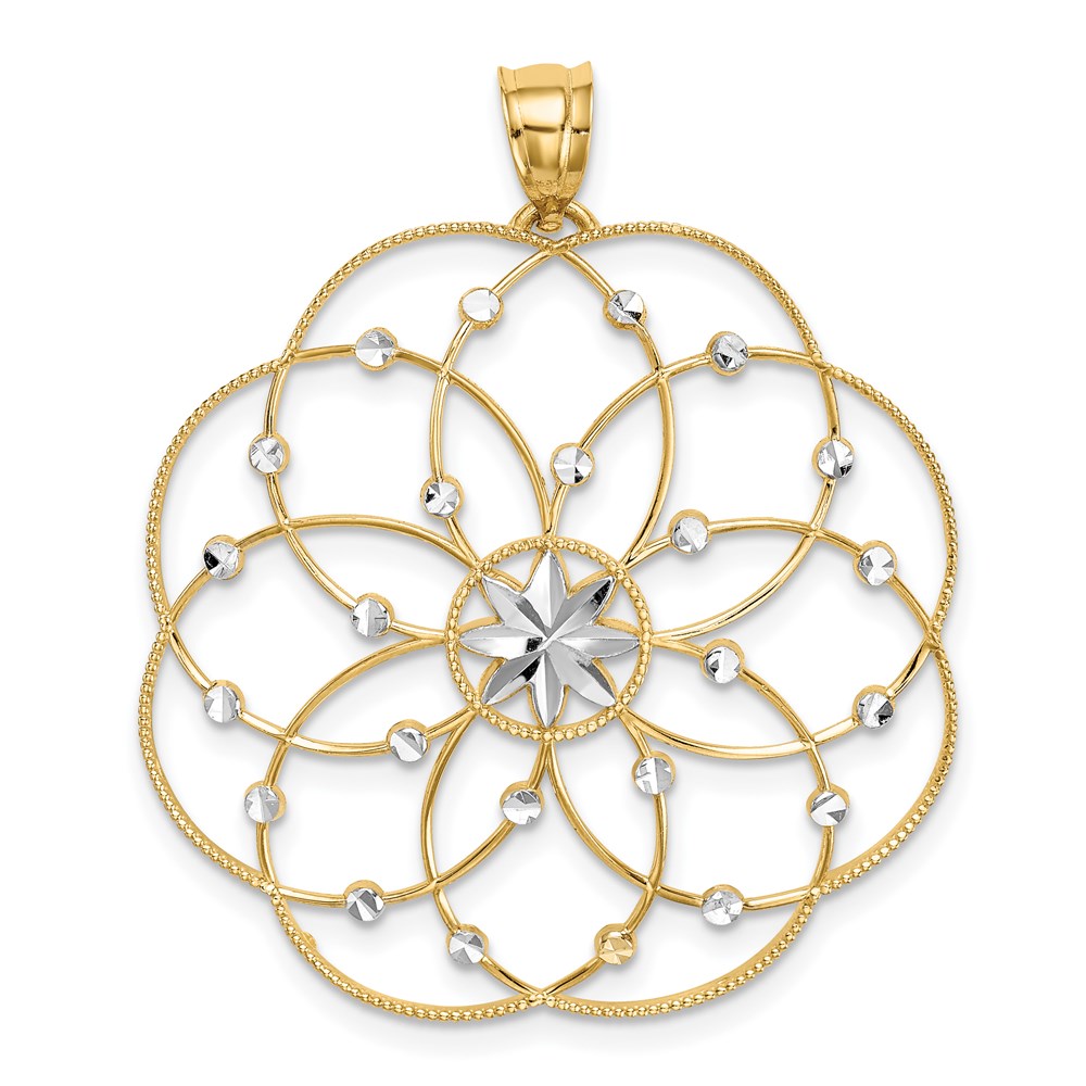 14k and White Rhodium Diamond-cut Spiral Circle Pendant, 38 x 32 mm