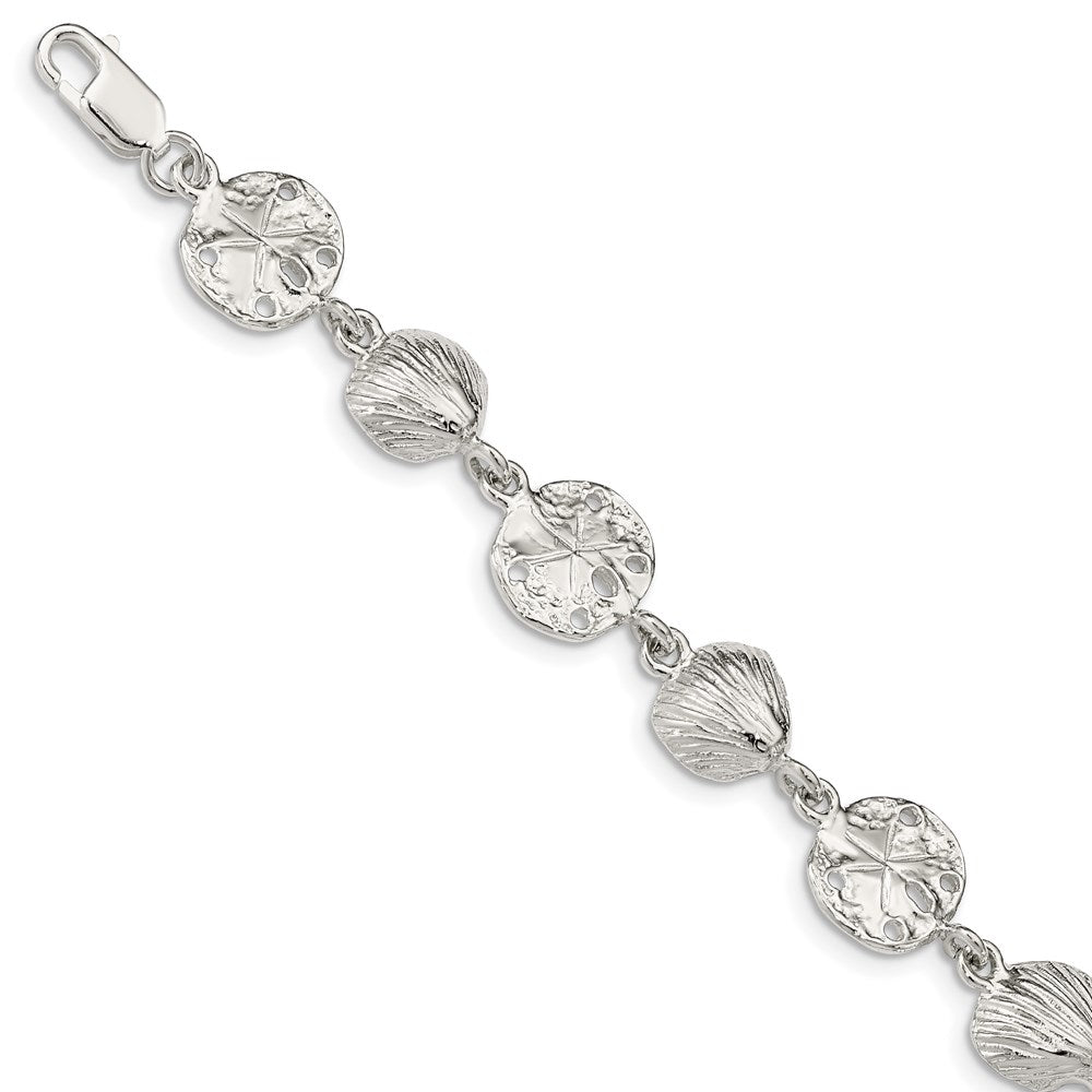 Sterling Silver Seashells and Sand Dollars Bracelet, 7 x 12 mm