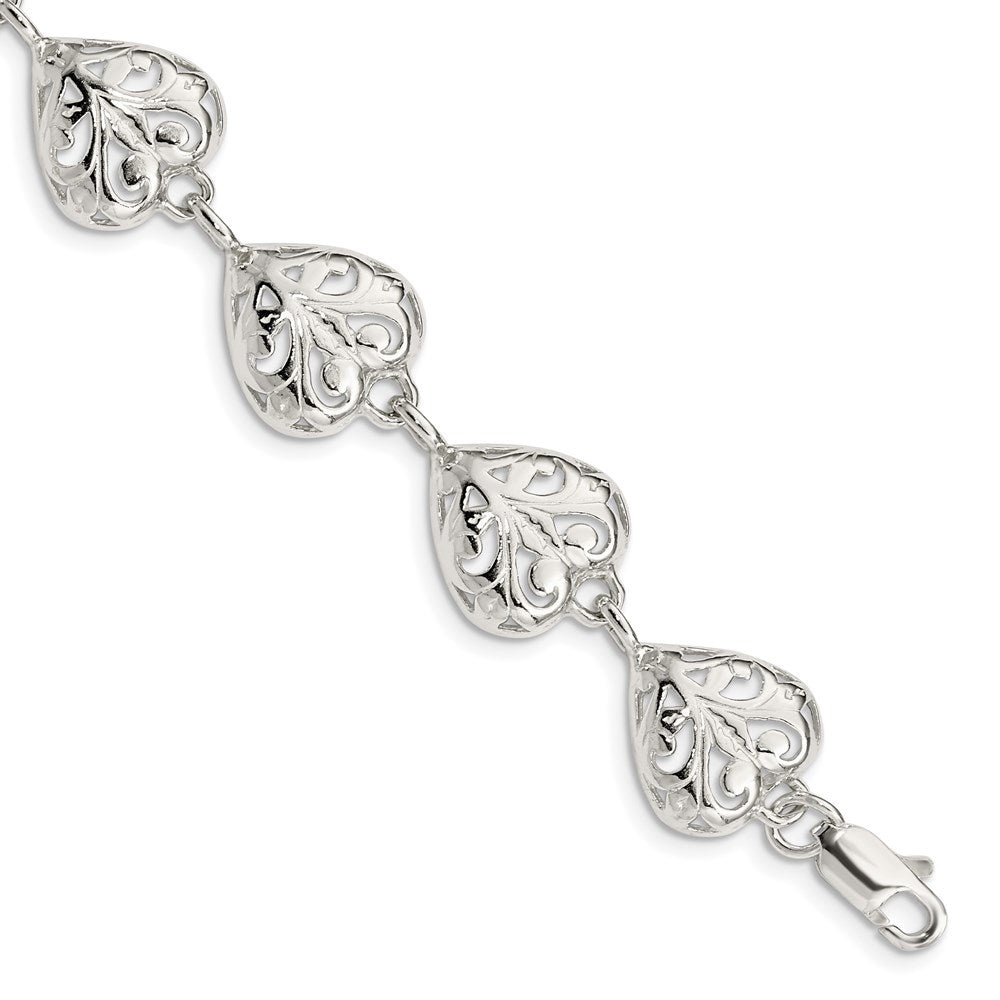 Sterling Silver Fancy Filigree Heart 7 inch Bracelet, 7 x 13 mm