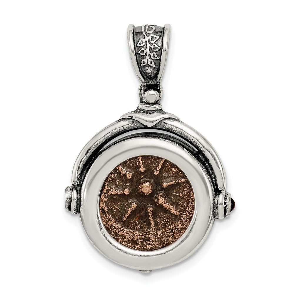 Ancient Coins Sterling Silver and Bronze Antiqued Widow's Mite Coin Reversible Pendant with a Certificate of Authenticity, 30 x 25 mm
