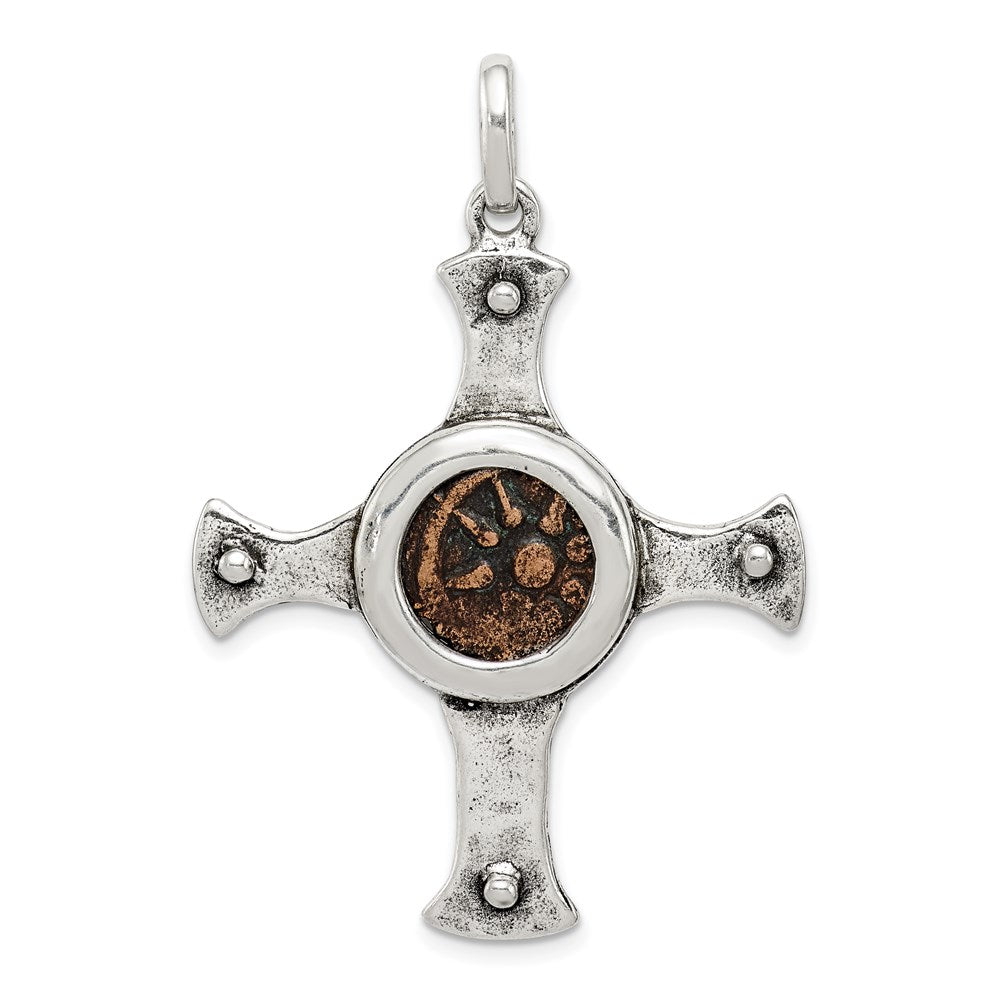 Ancient Coins Sterling Silver and Bronze Antiqued Widow's Mite Coin Cross Pendant with a Certificate of Authenticity, 38 x 32 mm