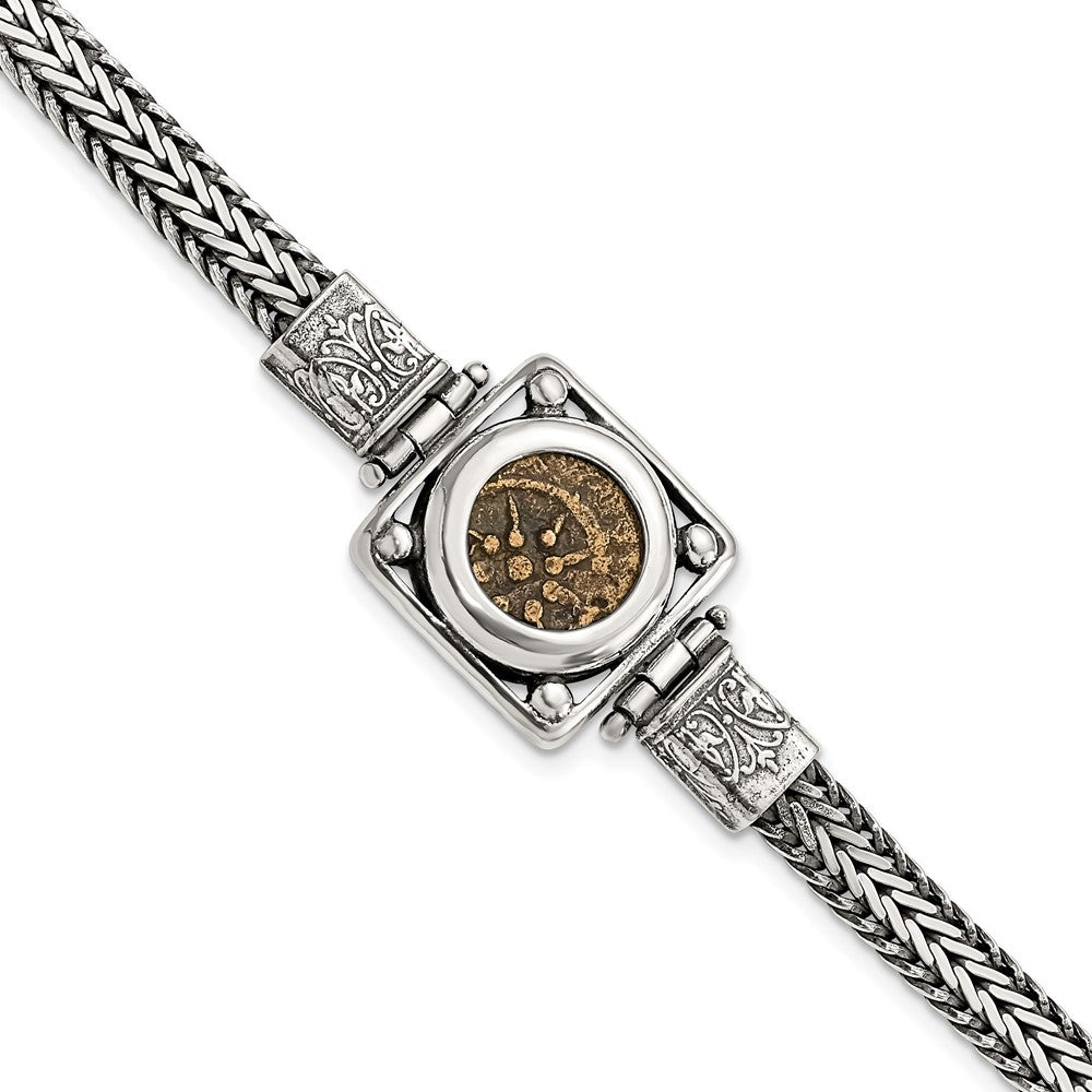 Ancient Coins Sterling Silver and Bronze Antiqued Widow's Mite Coin 7 inch Fancy Lobster Clasp Bracelet with a Certificate of Authenticity, 7 mm