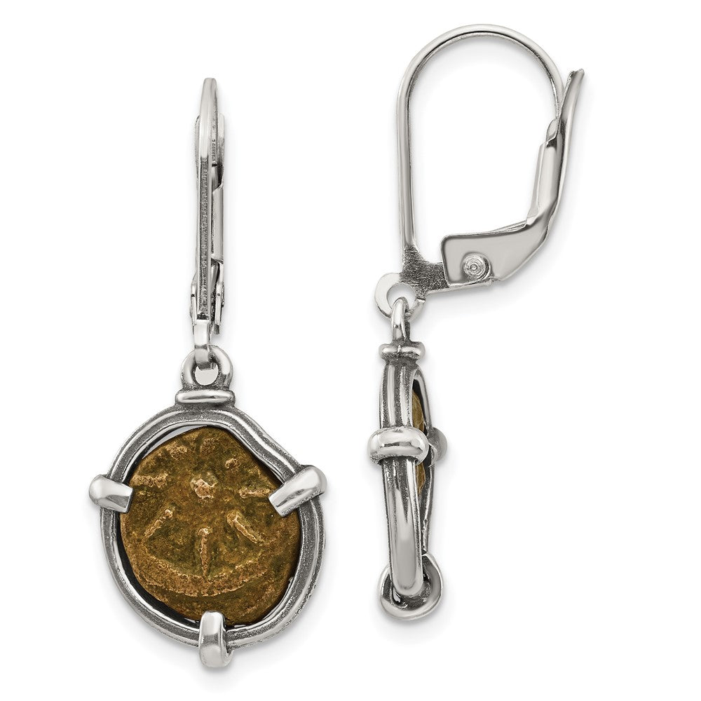 Ancient Coins Sterling Silver and Bronze Antiqued Widow's Mite Coin Leverback Dangle Earrings with a Certificate of Authenticity, 36 x 15 mm