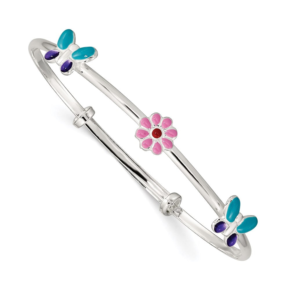 Sterling Silver Enameled Flower & Butterfly Adjustable Children's Bangle, 6.8 mm