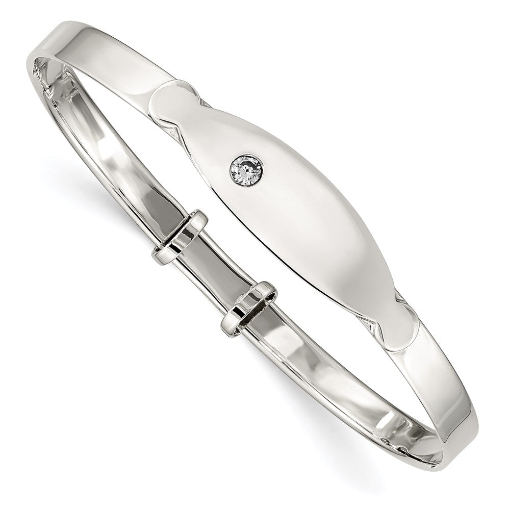 Sterling Silver Polished CZ ID Adjustable Baby Bangle Bracelet, 6 x 7.75 mm