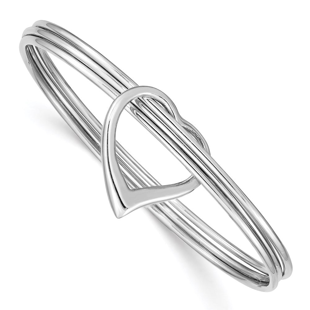 Sterling Silver Rhodium-plated Polished 3 Piece Heart Slip On Bangle, 8 x 5.25 mm
