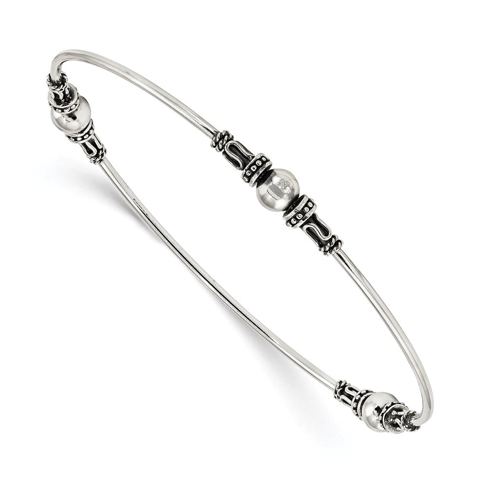 Sterling Silver Antiqued Beaded Slip On Bangle, 8 x 2 mm