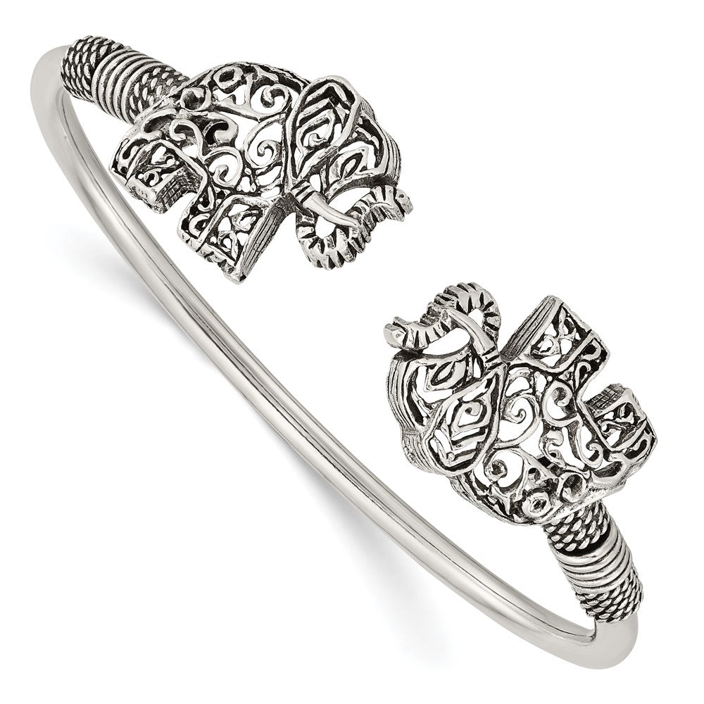 Sterling Silver Polished Antiqued Filigree Elephants Flexible Bangle, 2.8 mm