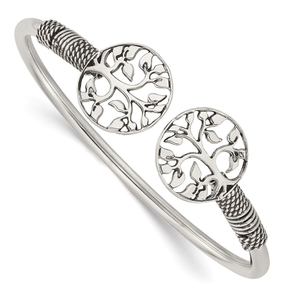 Sterling Silver Polished Tree Antiqued Flexible Bangle, 2.8 mm