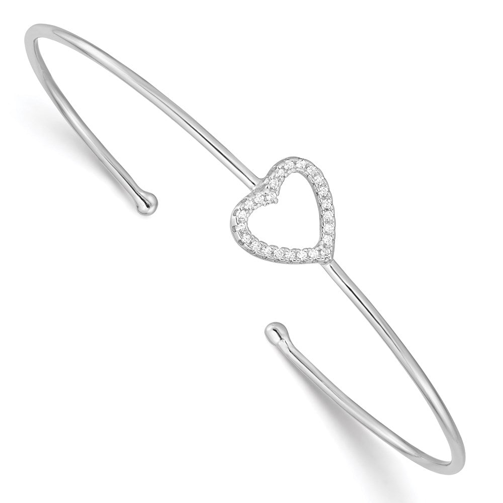 Sterling Silver Rhodium-plated CZ Heart Cuff Bangle Bracelet, 1.3 mm