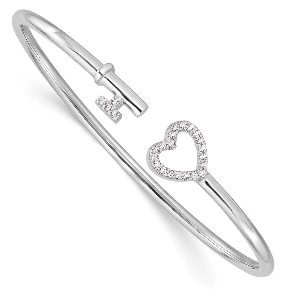 Sterling Silver Rhodium-plated CZ Heart and Key Flexible Bangle, 2.6 mm