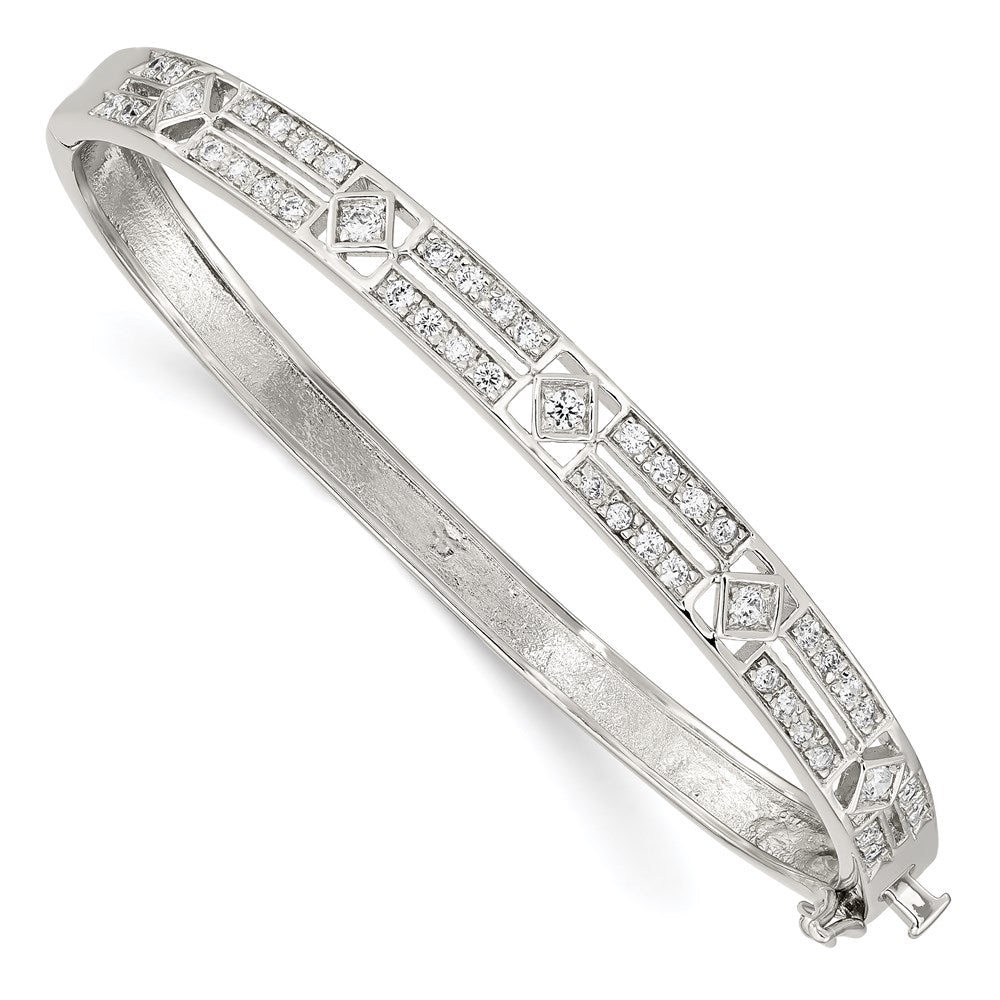 Sterling Silver Rhodium-plated CZ Hinged Bangle, 6.75 x 6 mm