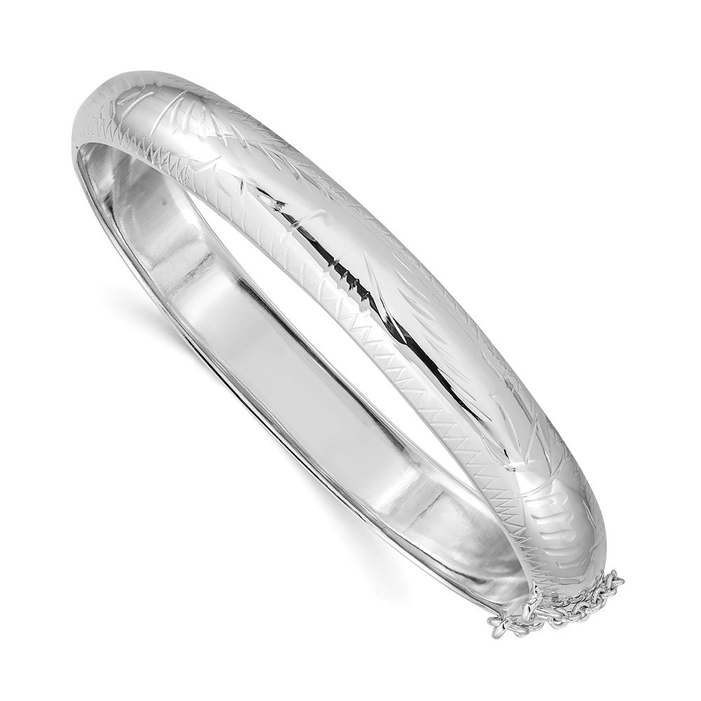 Sterling Silver Rhodium-plated 9.5mm D/C Fancy Hinged Bangle Bracelet, 9.5 mm