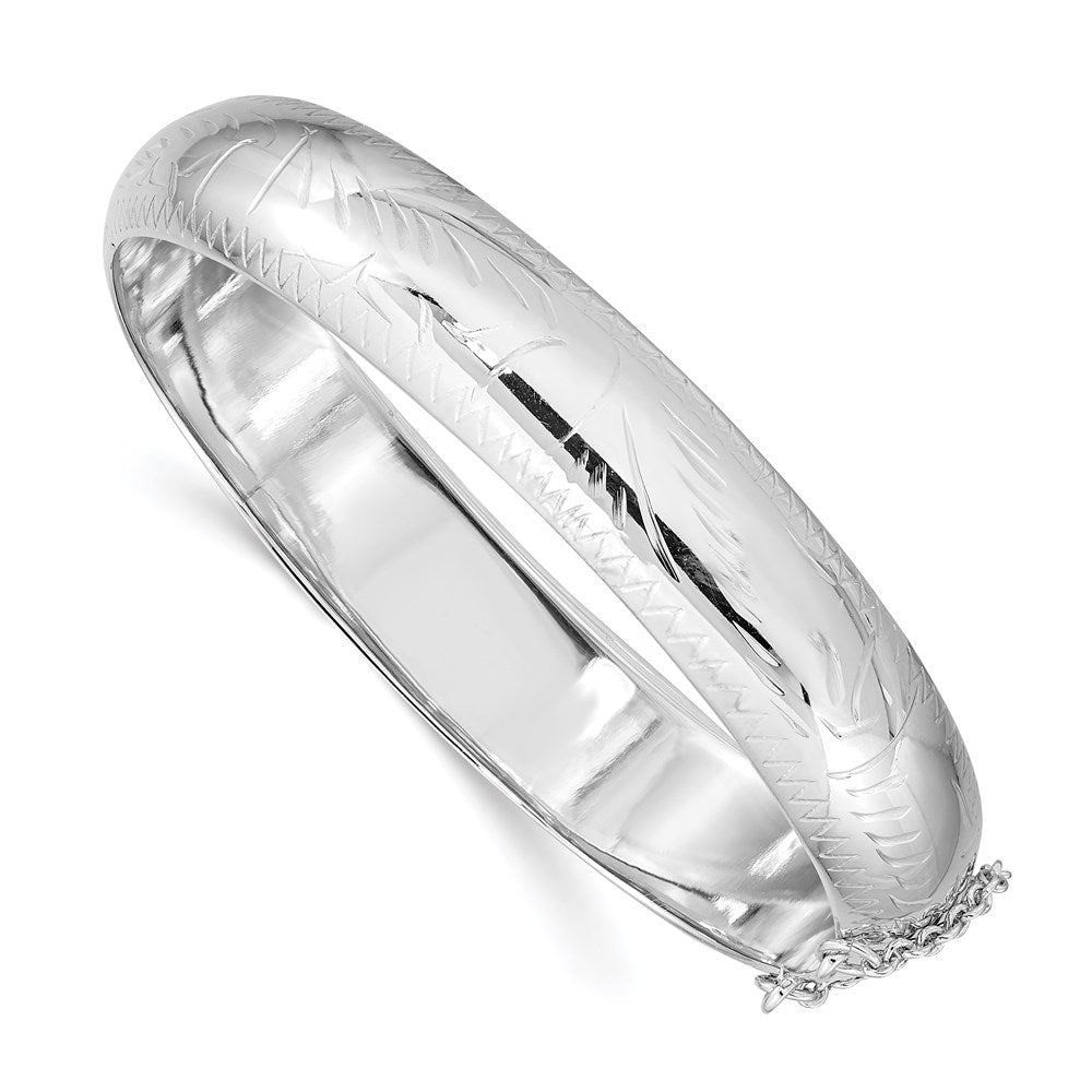 Sterling Silver Rhodium-plated D/C 12mm Fancy Hinged Bangle Bracelet, 12 mm
