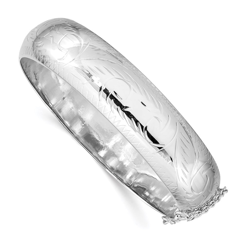 Sterling Silver Rhodium-plated D/C 15mm Fancy Hinged Bangle Bracelet, 15 mm