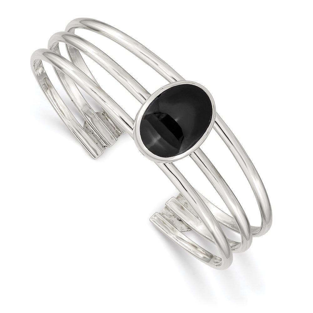 Sterling Silver Synthetic Onyx Three Strand Cuff Bangle Bracelet, 20 mm