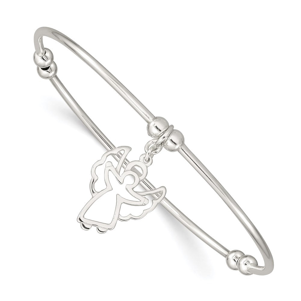 Sterling Silver Rhodium-plated Bead w/Angel Stretch Bangle Bracelet, 7 x 2 mm