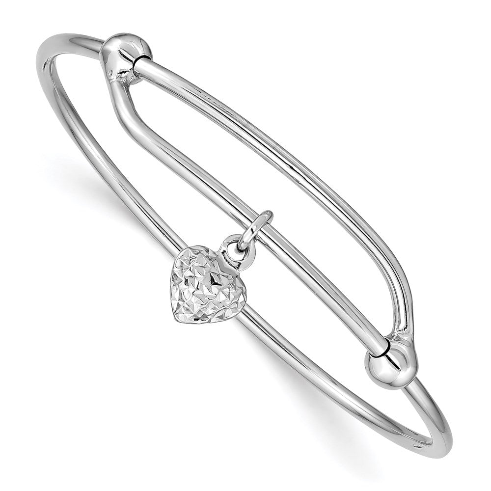 Sterling Silver RH-plated Polished & D/C Heart Adjustable Baby Bangle, 7 mm