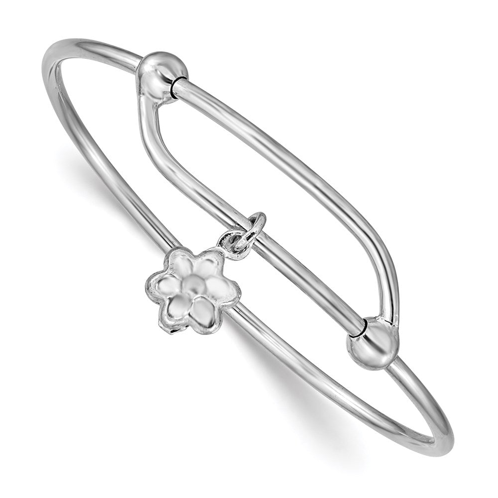 Sterling Silver Rhodium-plated Polished Flower Adjustable Baby Bangle, 17 mm