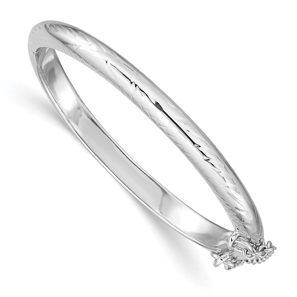 Sterling Silver Rhodium-plated Polished & Diamond-cut 4mm with Safety Clasp Hinged Children's Bangle, 4 mm, 7.78 g