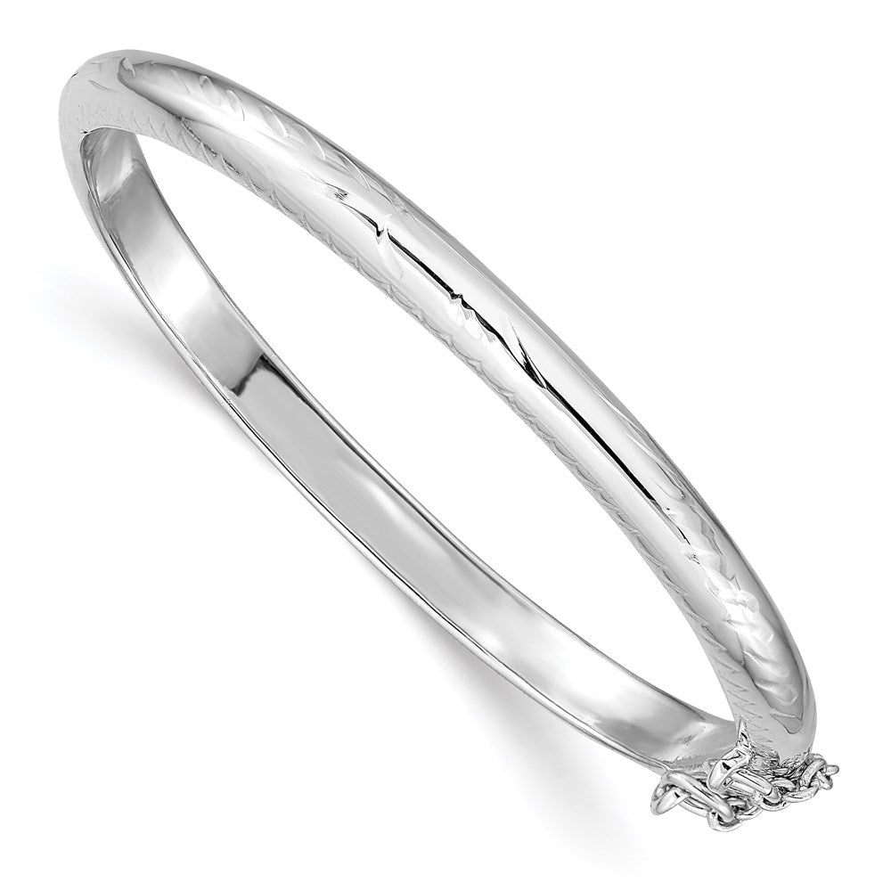 Sterling Silver Rhodium-plated Polished & Diamond-cut 4mm with Safety Clasp Hinged Children's Bangle, 4 mm, 8.55 g