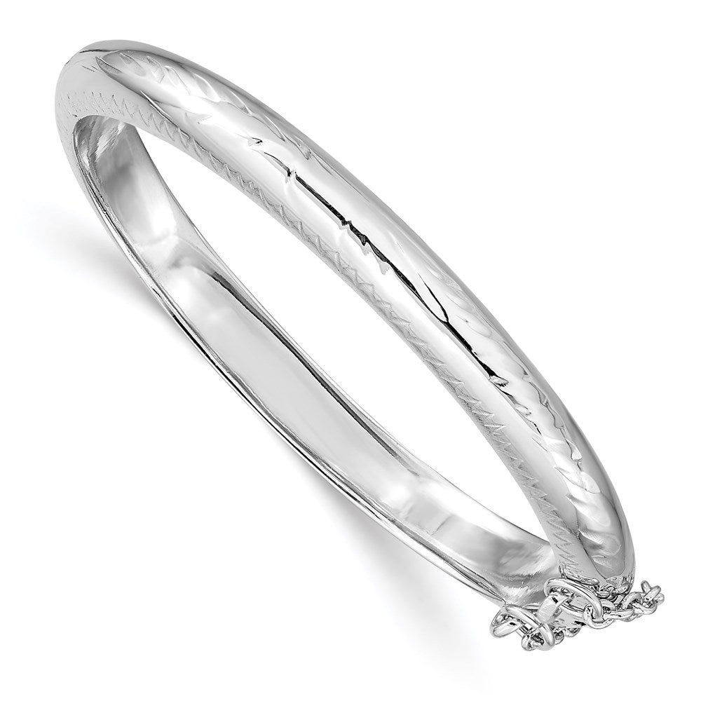 Sterling Silver Rhodium-plated Polished & Diamond-cut 5mm with Safety Clasp Hinged Children's Bangle, 5 mm, 7.88 g