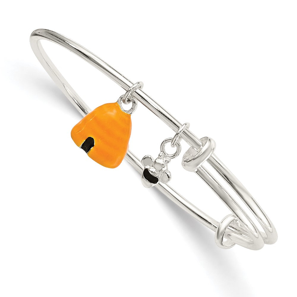 Sterling Silver Yellow & Black Enameled Bee & Beehive Children's Bangle, 9 mm