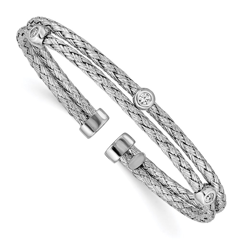 Sterling Silver Polished Rhodium-plated Double Strand CZ Cuff Bangle, 7.47 mm