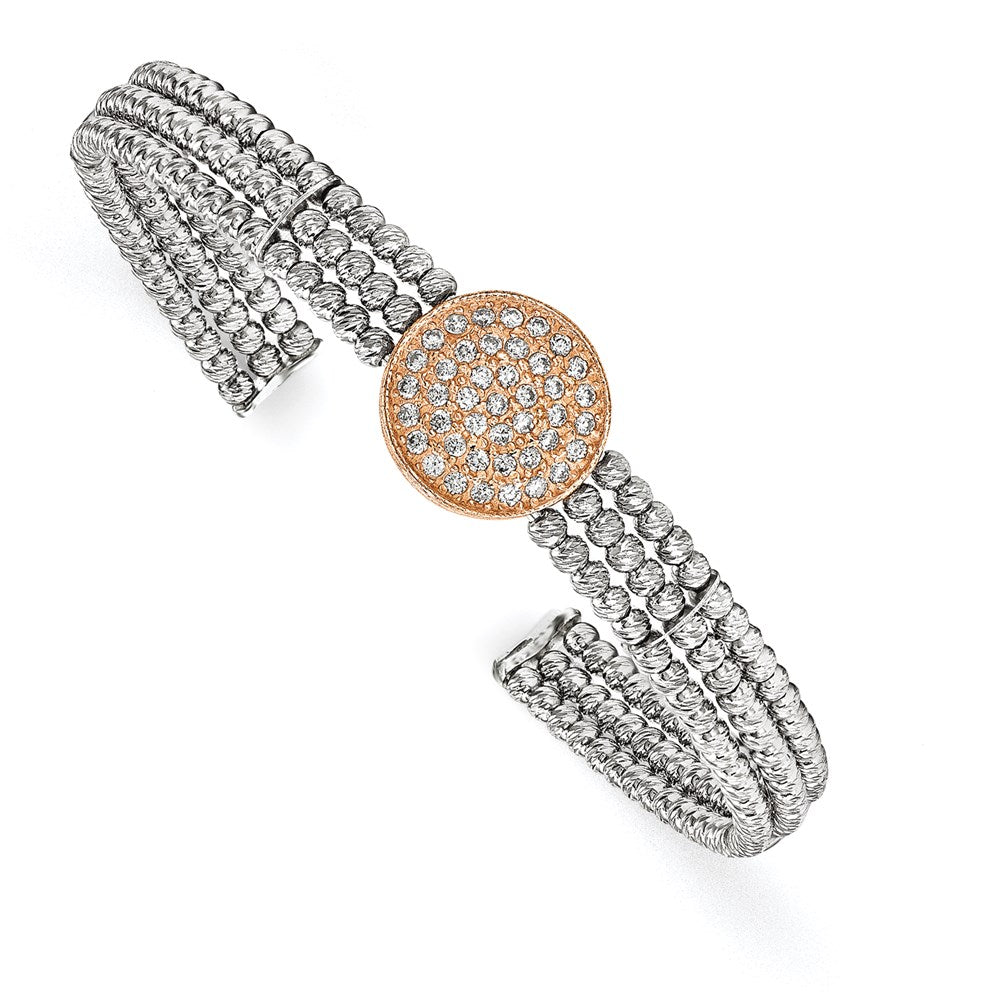 Sterling Silver Rose, Rhodium-plated 3-strand Beaded Crystal Cuff