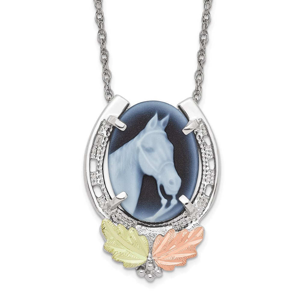 Landstrom's Mt. Rushmore Black Hills Sterling Silver 12K Gold Accents Horseshoe with Horse Head Blue Cameo 18 inch Spring Ring Clasp Necklace, 18 mm