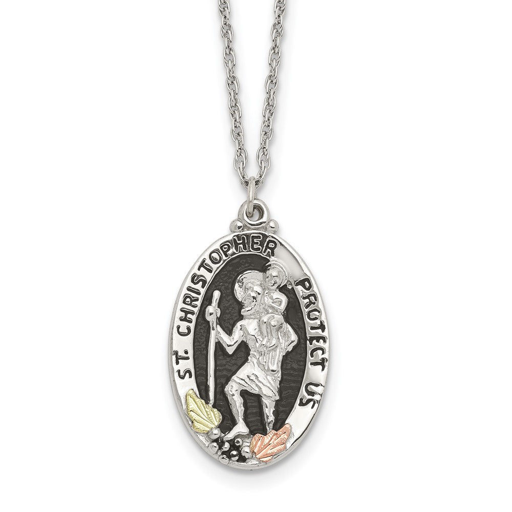 Landstrom's Mt. Rushmore Black Hills Sterling Silver 12K Gold Accents Antiqued St. Christopher Protect Us 18 inch Spring Ring Clasp Necklace, 18 x 15.53 mm