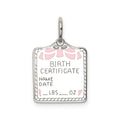 Sterling Silver Rhodium-plated Pink Birth Certificate Polished Charm, 21 x 13 mm