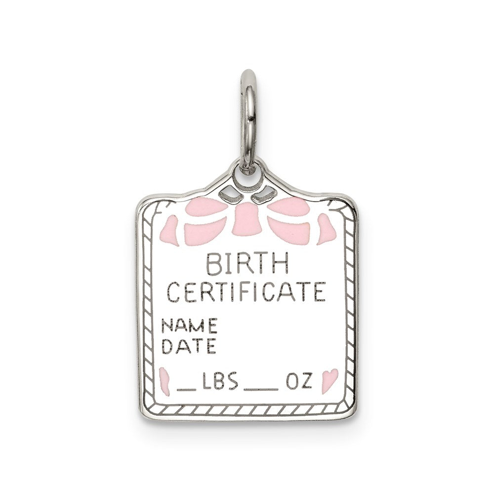 Sterling Silver Rhodium-plated Pink Birth Certificate Polished Charm, 21 x 13 mm