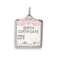 SS Rh-plt Pink Birth Certificate Polished Front/Satin Back Charm, 25 x 17 mm