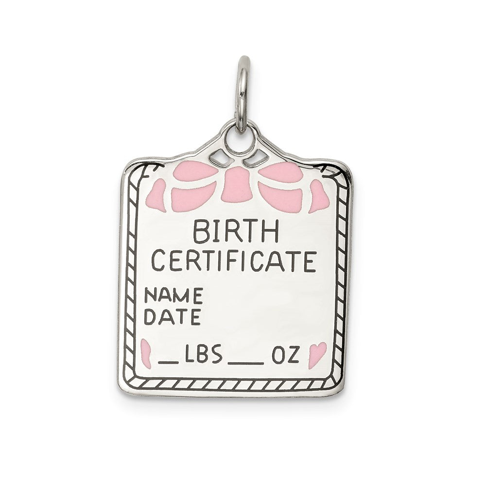 SS Rh-plt Pink Birth Certificate Polished Front/Satin Back Charm, 25 x 17 mm