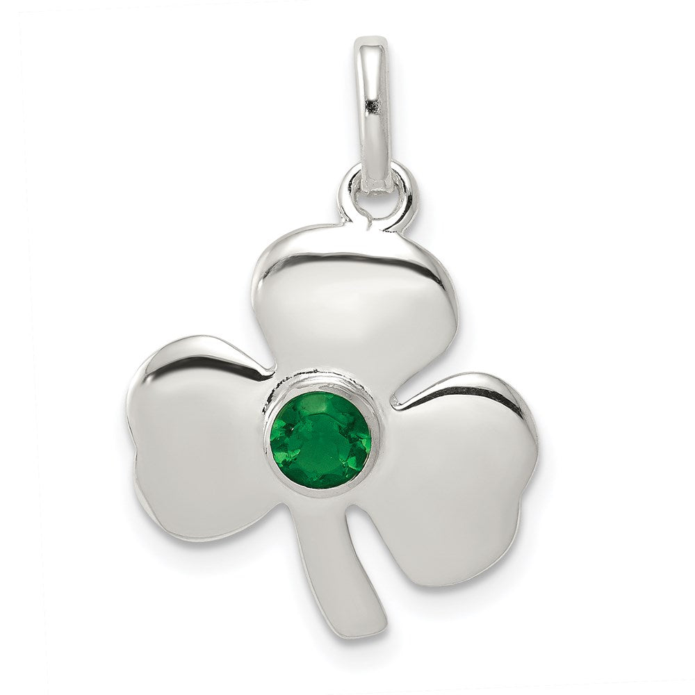 Sterling Silver Clover with Green Glass Charm, 26 x 18 mm