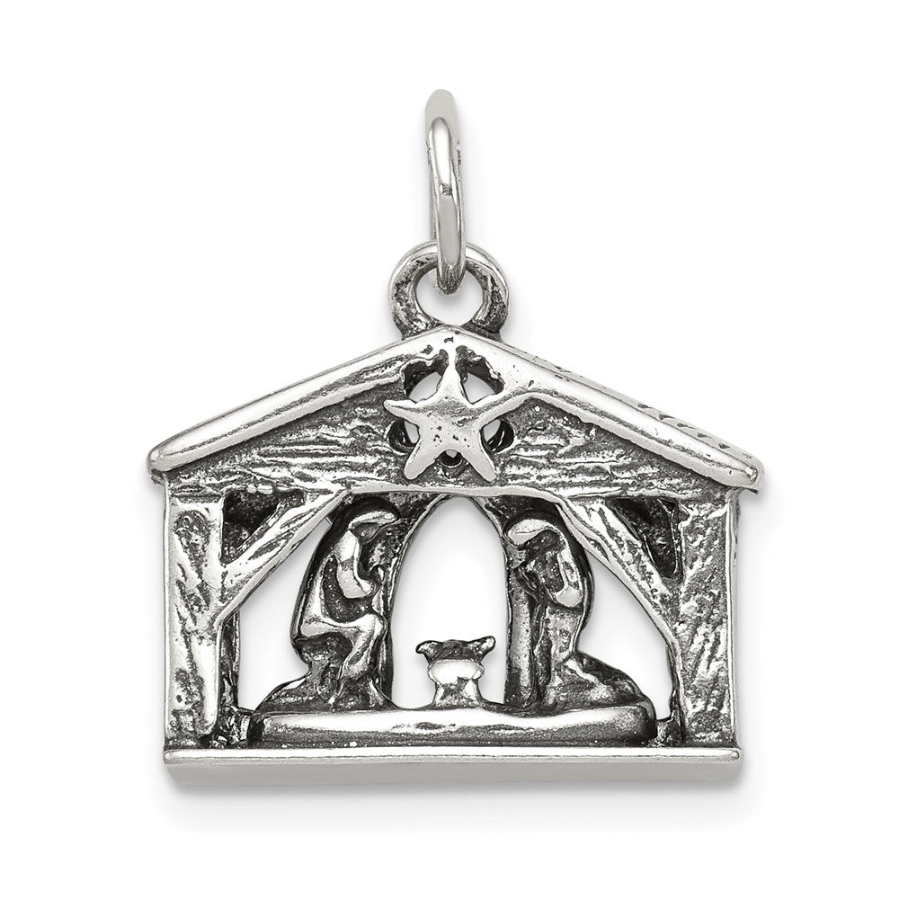 Sterling Silver Antiqued Manger Charm, 19 x 17 mm