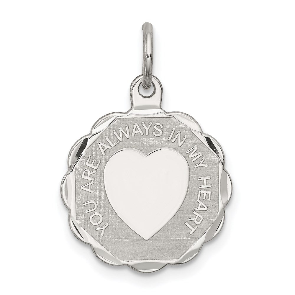 Sterling Silver Rhodium-plated Your Always In My Heart Disc Charm, 22 x 16 mm