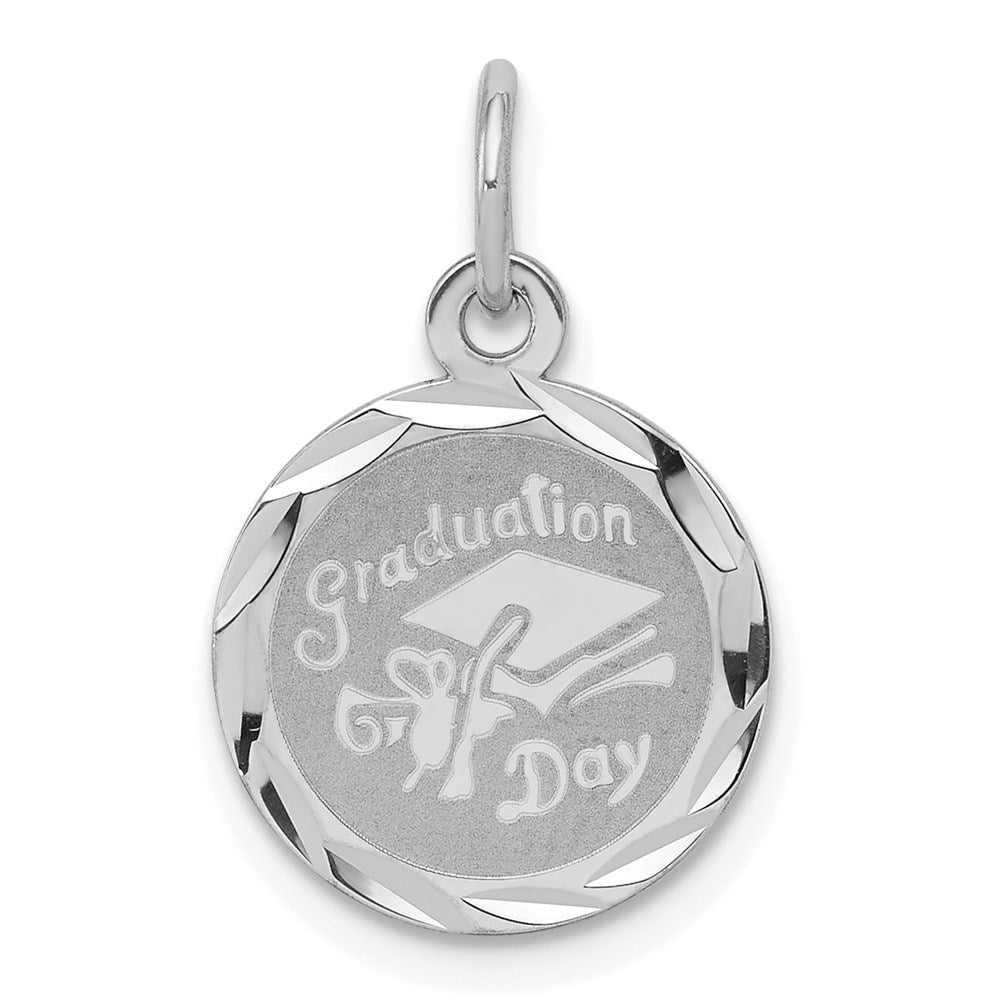 Sterling Silver Rhodium-plated Graduation Day Disc Charm, 21 x 13 mm