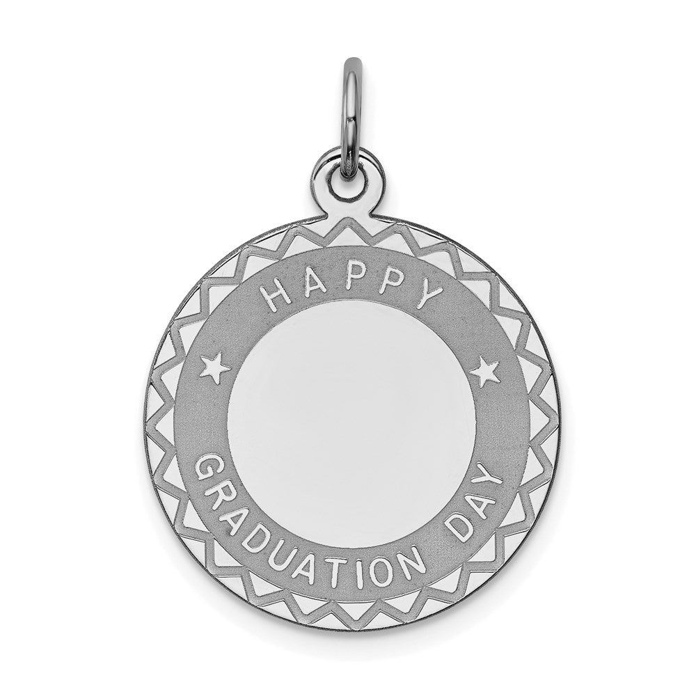 Sterling Silver Rhodium-plated Happy Graduation Disc Charm, 27 x 20 mm