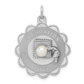 Sterling Silver Rhodium Graduation Day Disc with FW Cultured Pearl Charm, 30 x 23 mm