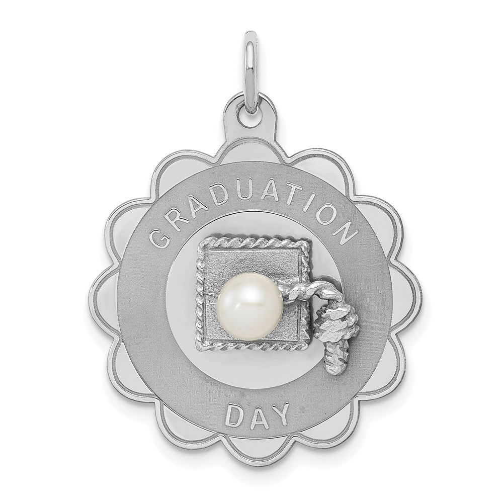 Sterling Silver Rhodium Graduation Day Disc with FW Cultured Pearl Charm, 30 x 23 mm