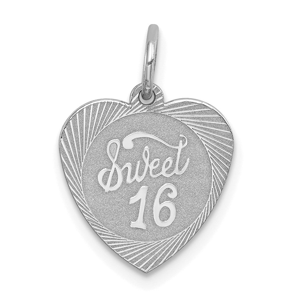Sterling Silver Rhodium-plated Sweet Sixteen Heart Disc Charm, 19 x 14 mm