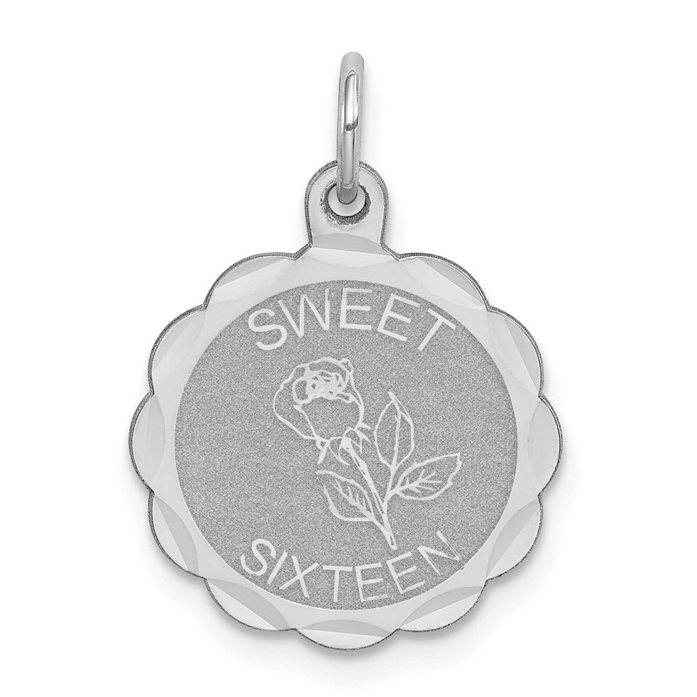 Sterling Silver Rhodium-plated Sweet Sixteen Disc Charm, 23 x 16 mm