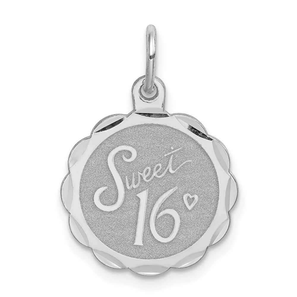 Sterling Silver Rhodium-plated Sweet Sixteen Disc Charm, 22 x 16 mm