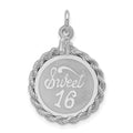 Sterling Silver Rhodium-plated Sweet Sixteen Disc Charm, 27 x 17 mm