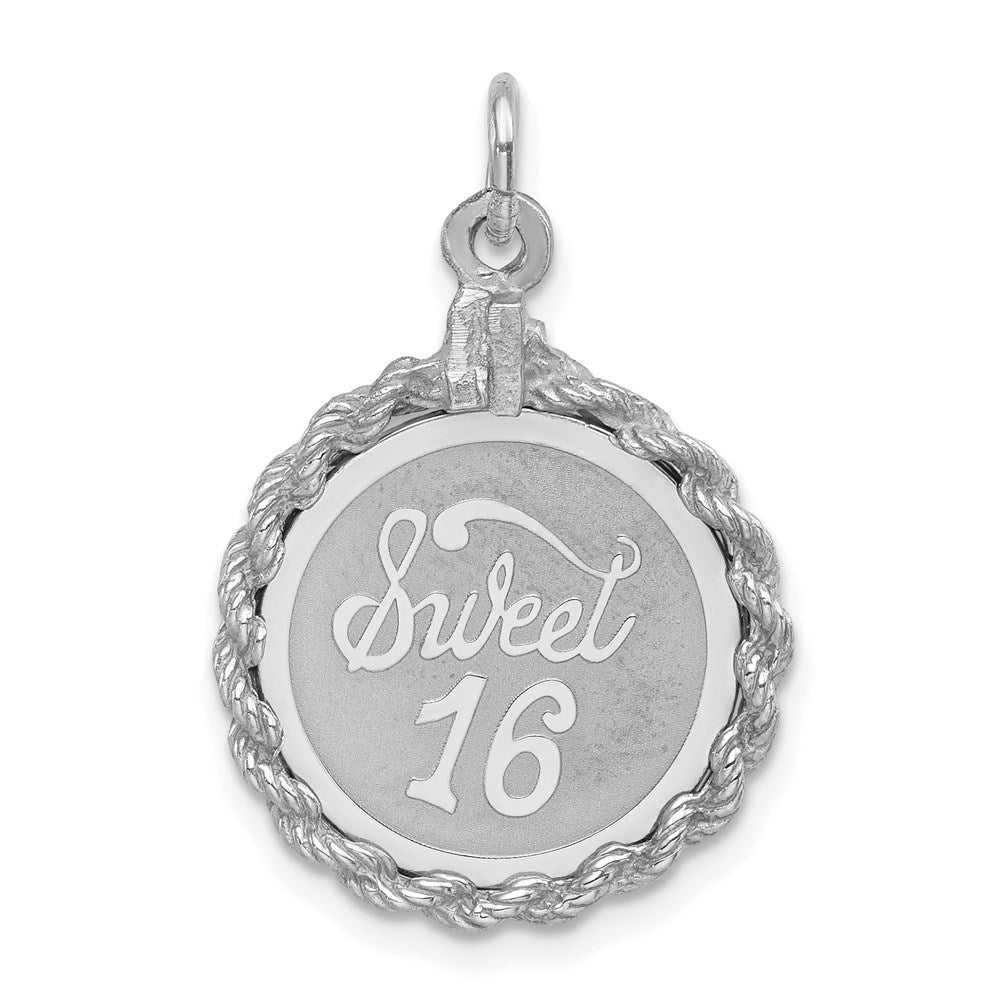 Sterling Silver Rhodium-plated Sweet Sixteen Disc Charm, 27 x 17 mm